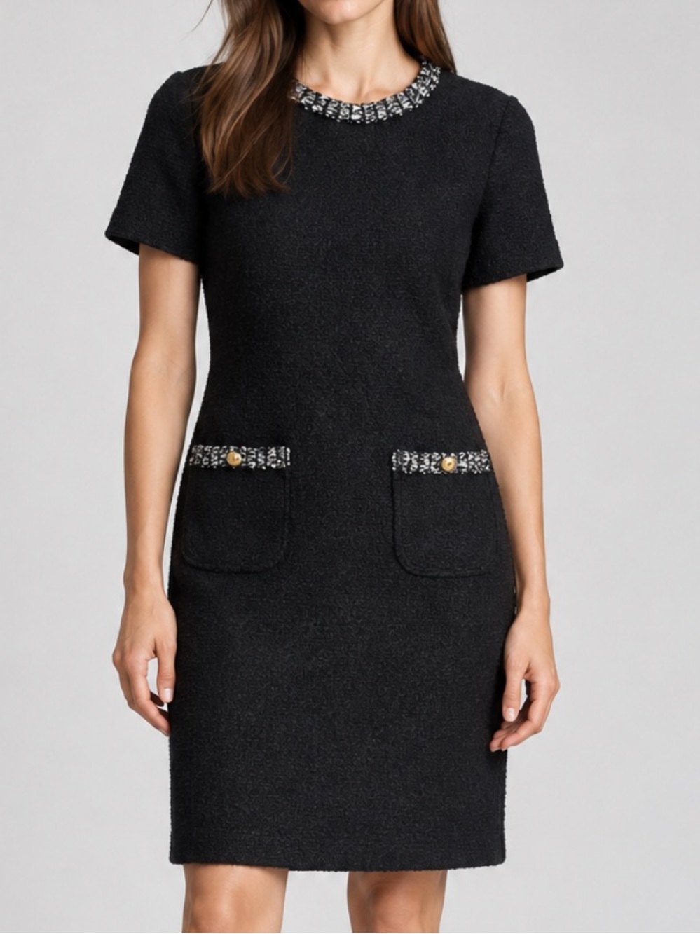 St. John Tweed Textured Shift Dress with Contrast Trim and Gold Buttons in Black